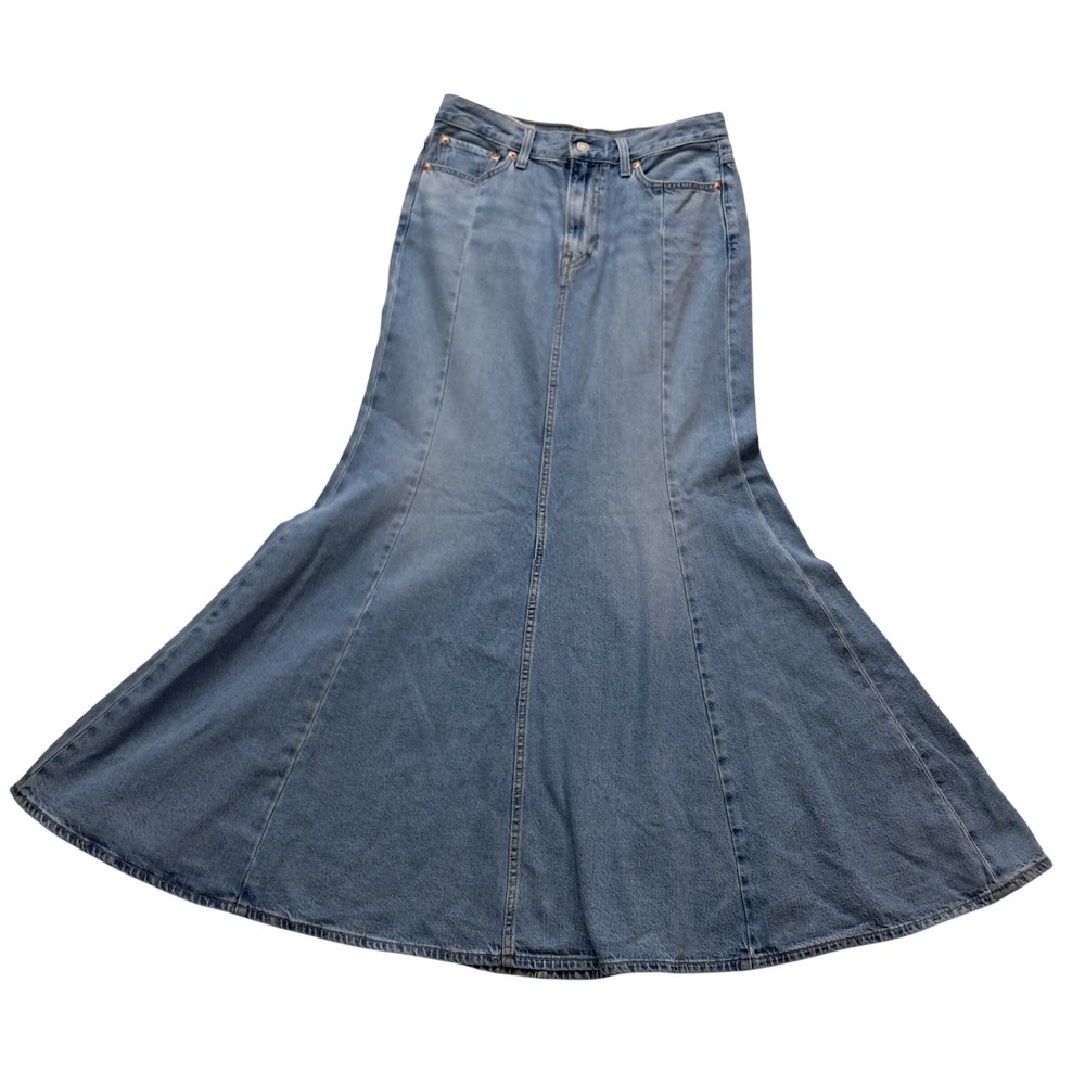 Levi Premium Denim Skirt Womens 29 Blue Light Wash Mermaid Flare Maxi Western